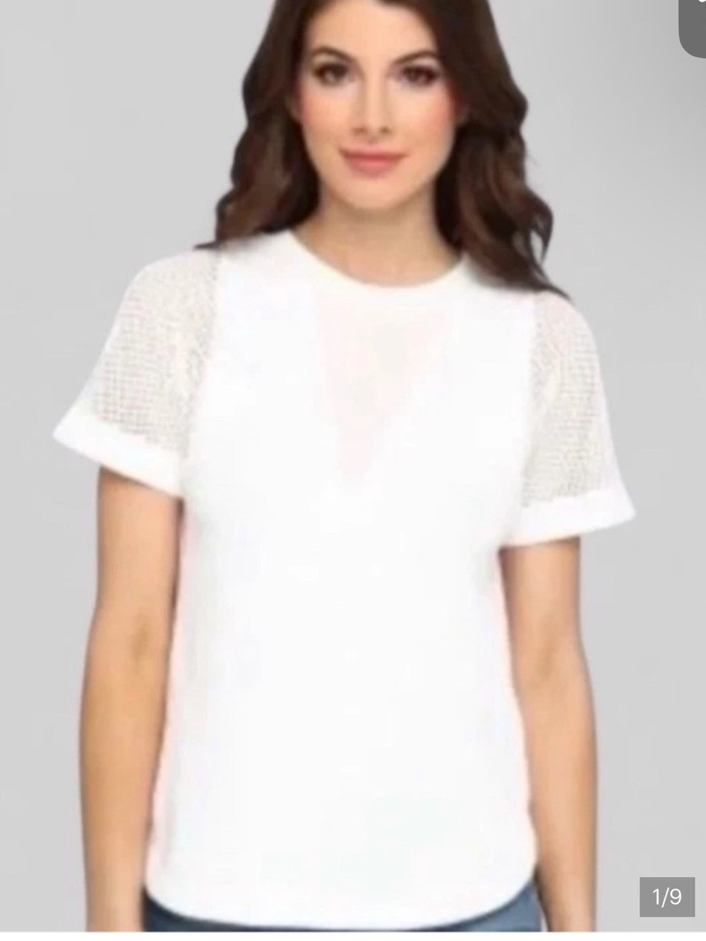 REBECCA TAYLOR!!White Short-Sleeve Knit Crewneck Top w detail! S